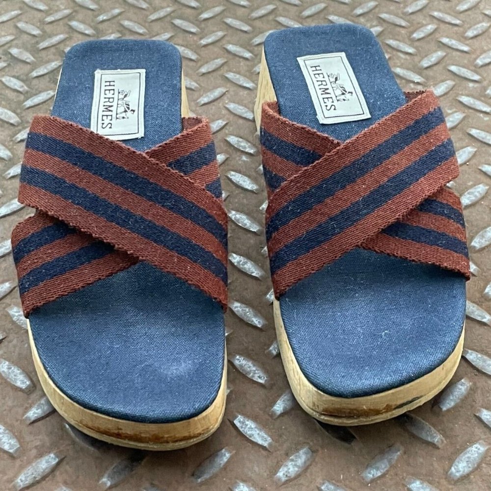 Hermes Women Sandals Canvas Navy Tan Ribbon Strap Wooden Heel Shoes Size 36/5 - Picture 4 of 12